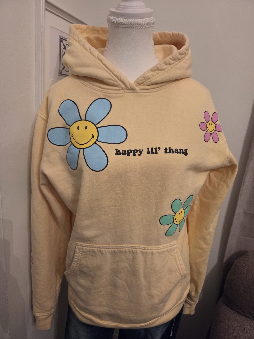 Happy Lil' Thang Smiley Face Butter Yellow Hoodie Sweatshirt - Vintage